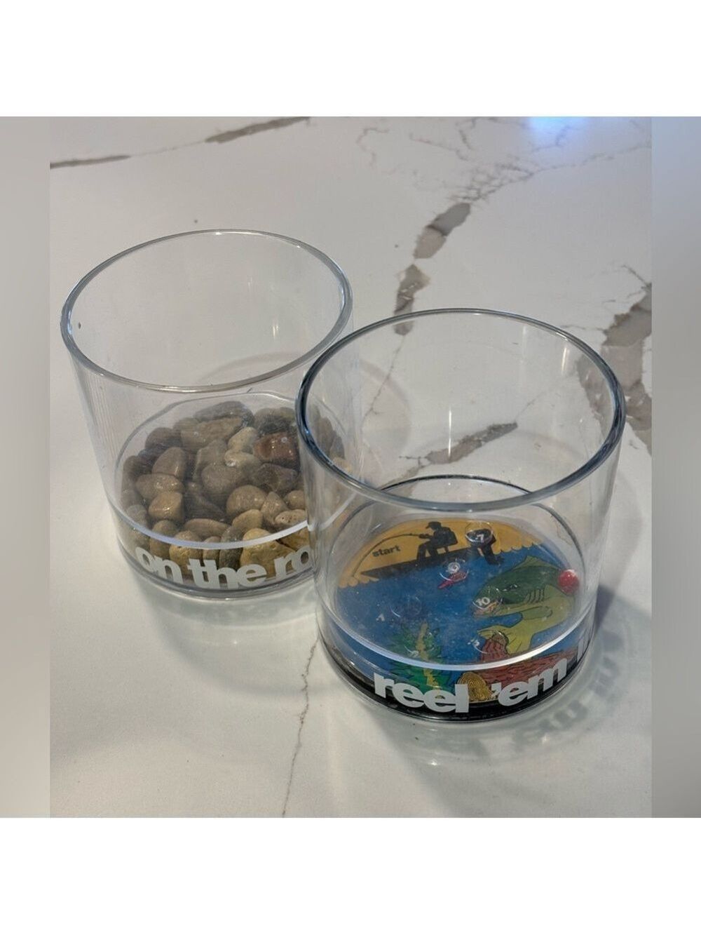 2PC MCM HOWW MFTG ACRYLIC NOVELTY ROCK GLASSES FISHING MAZE GAME & ON THE ROCKS